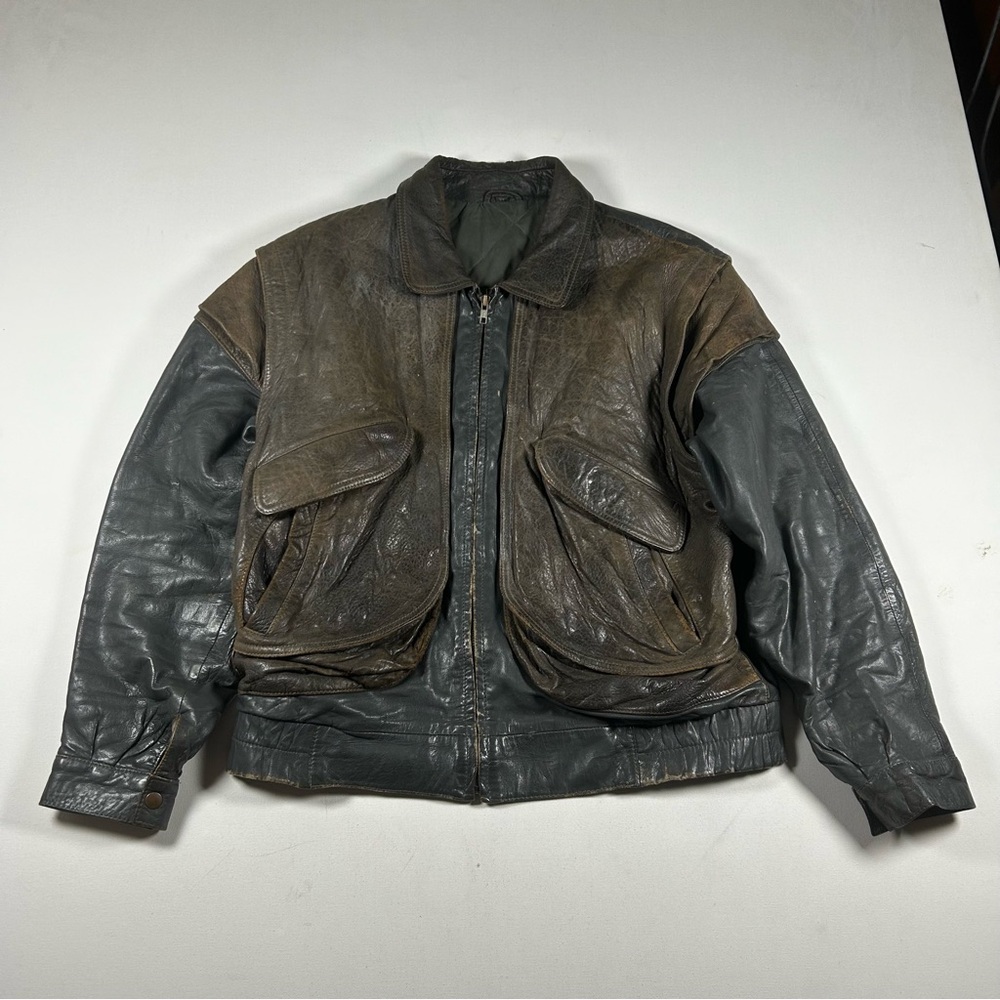 Mirage Leather Aviator Bomber Jacket Zipper Button Slant Pocket Mens L VTG 80s